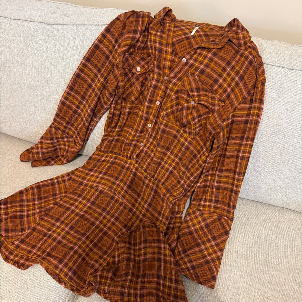 Free People Mini Dress in Rust, Brown & Purple Plaid